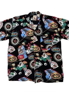Island Collection Hawaiian Shirt Mens L Las Vegas Gambling AOP Rayon Black VTG